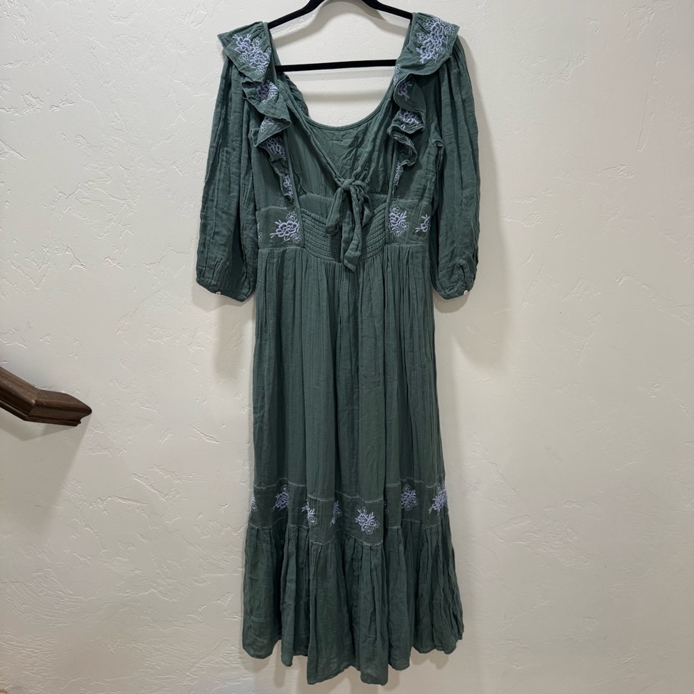 NWT Free People Lovers Lane Maxi Dress Green Blue Embroidered Ruffle Medium - Picture 6 of 13